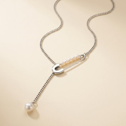 Safety-Pin Pearl-Look Lariat Necklace