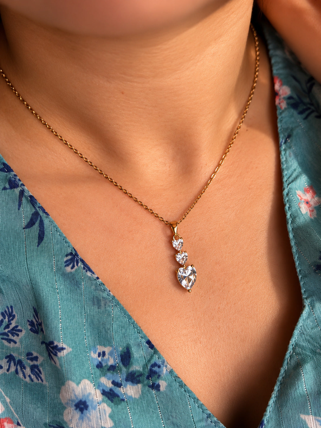 Three-Stone Heart Cascade Pendant Necklace