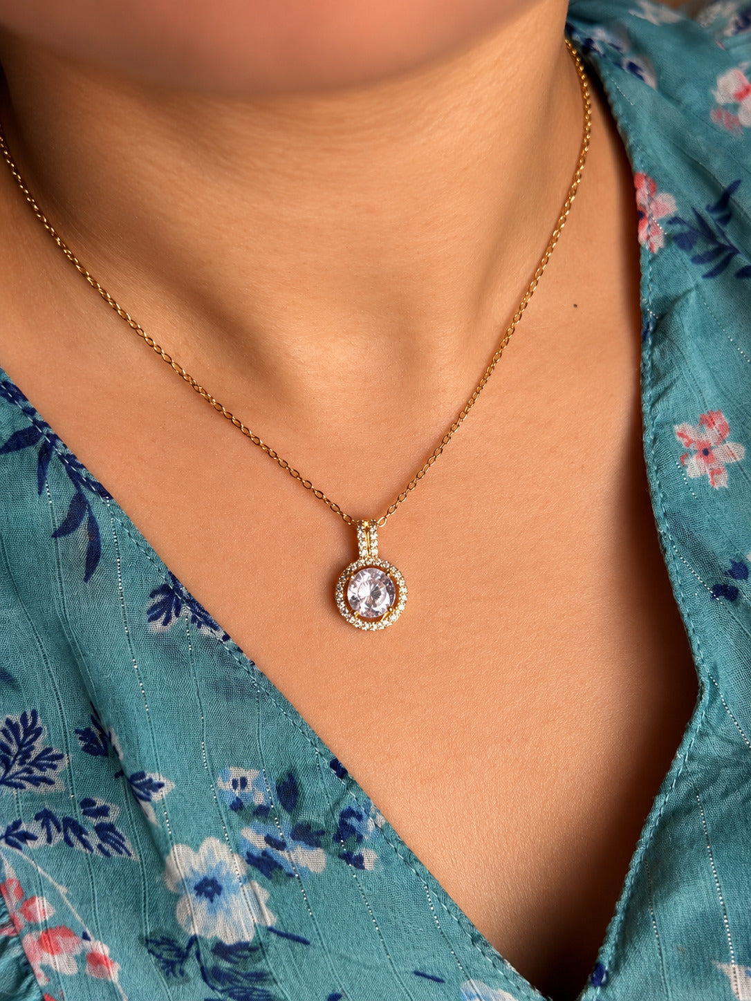 Round Halo Solitaire Pendant Necklace