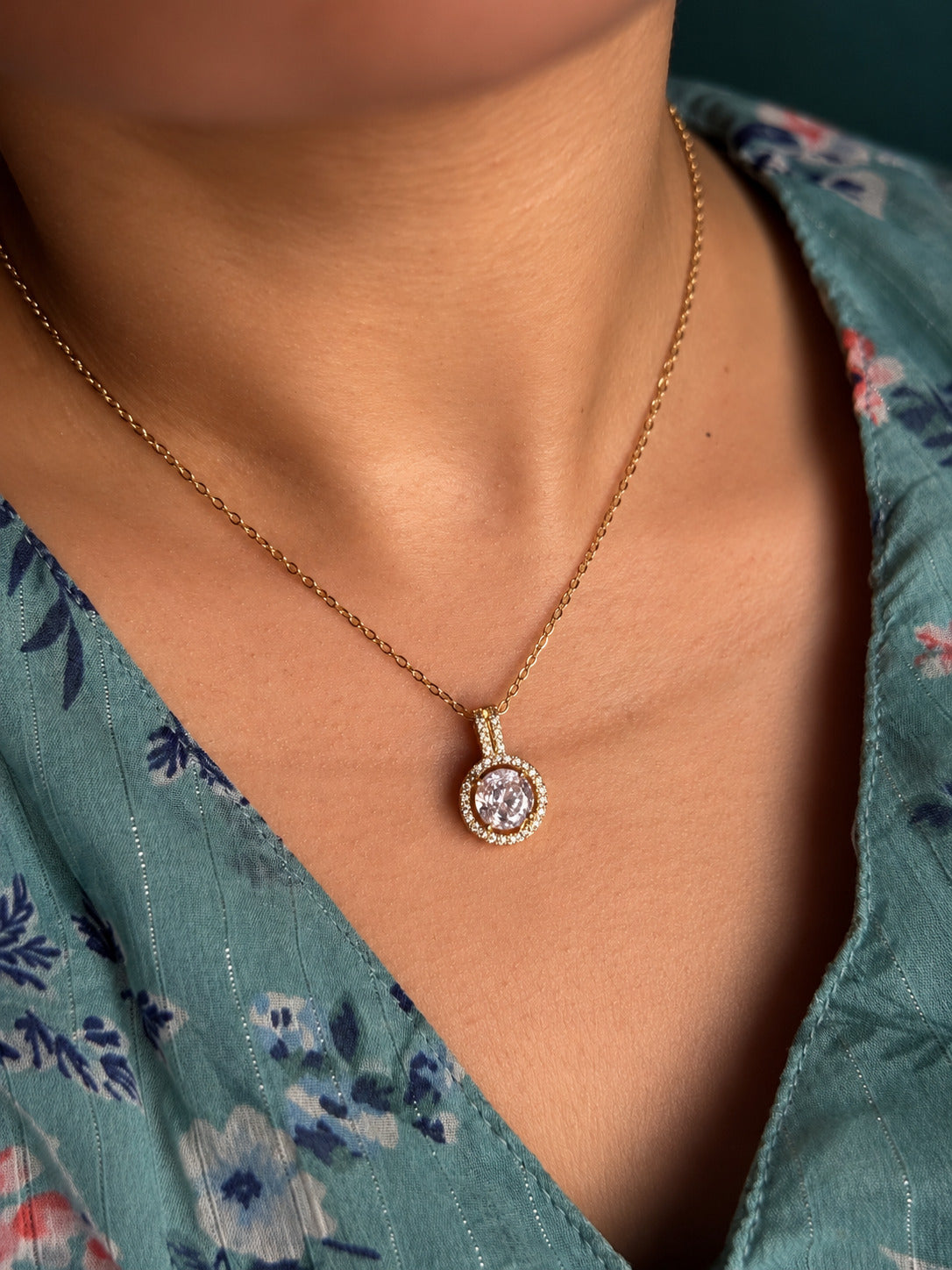 Round Halo Solitaire Pendant Necklace