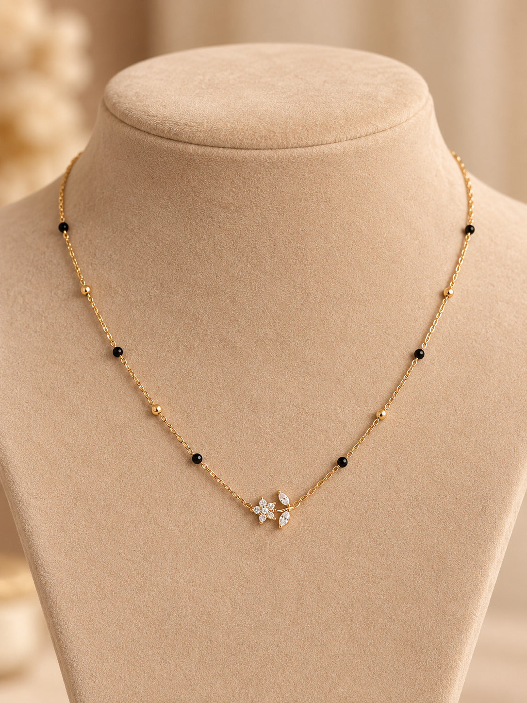 Black Bead Flower Cluster Necklace