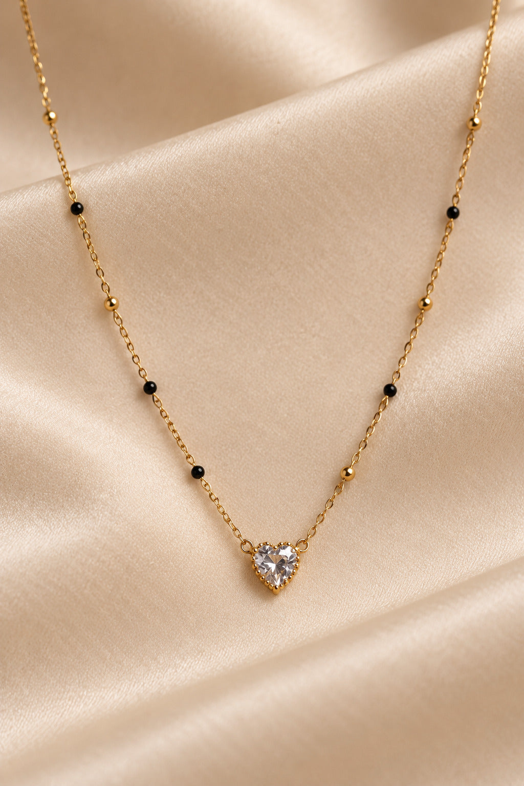 Black Bead Heart Solitaire Necklace