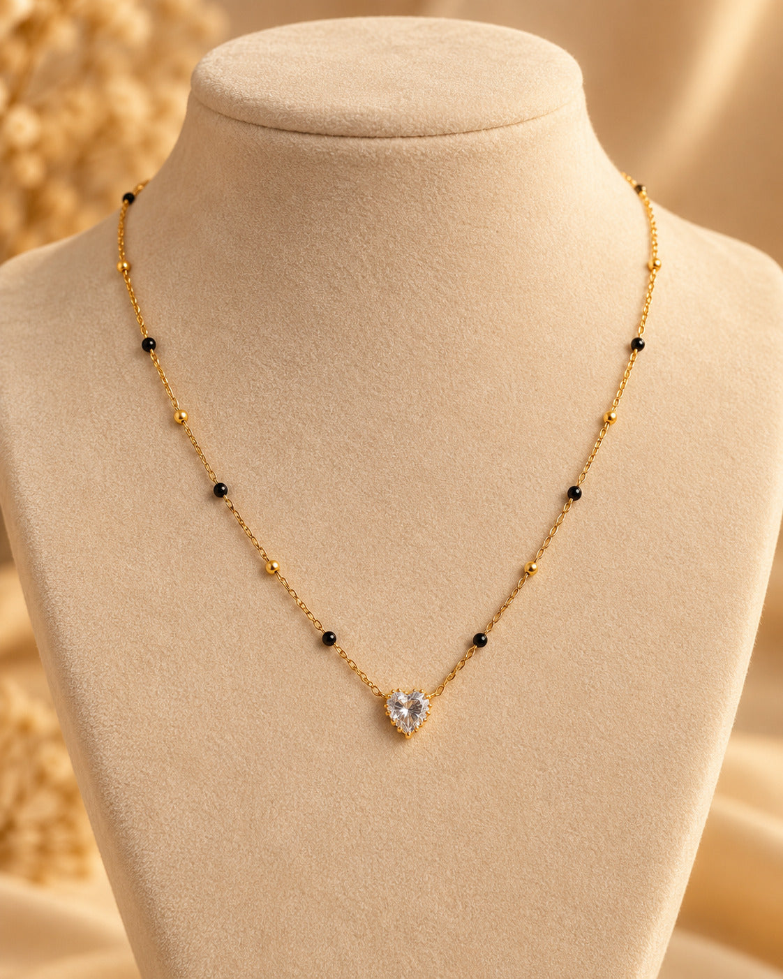 Black Bead Heart Solitaire Necklace