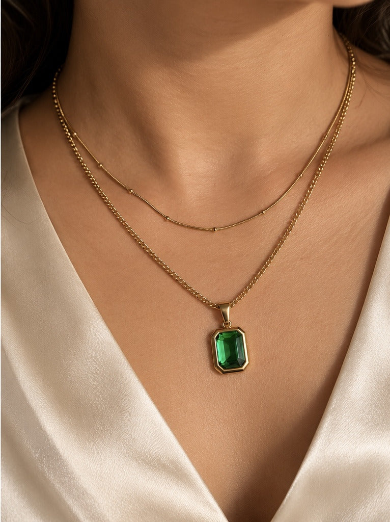 Layered Green Stone Pendant Necklace