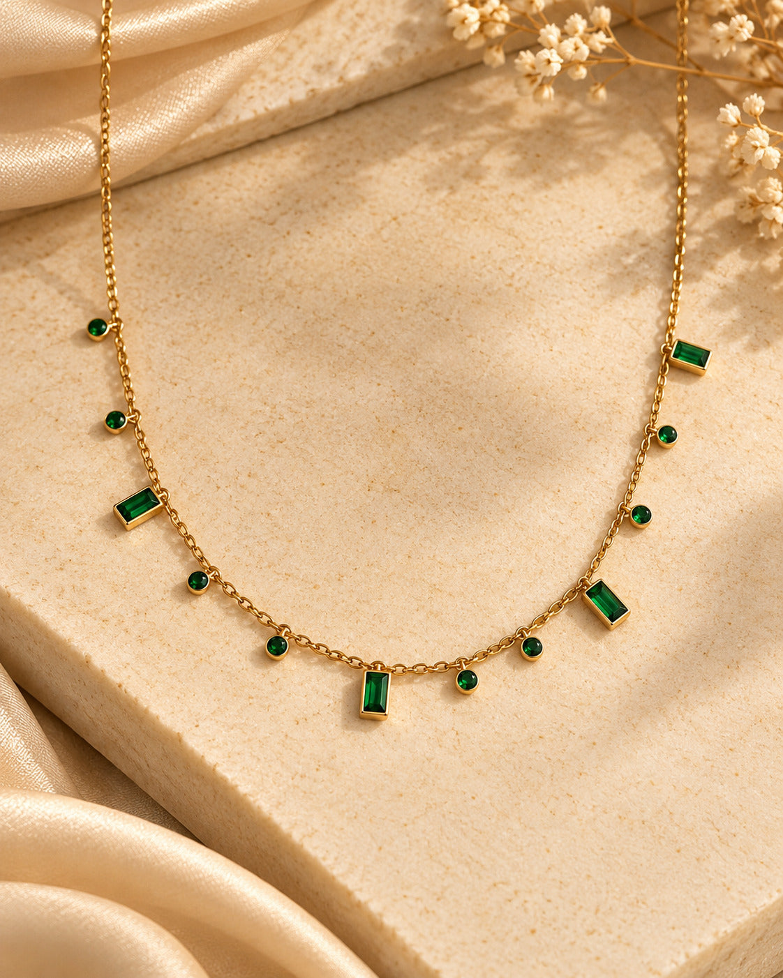 Green Stone Dangle Station Necklace