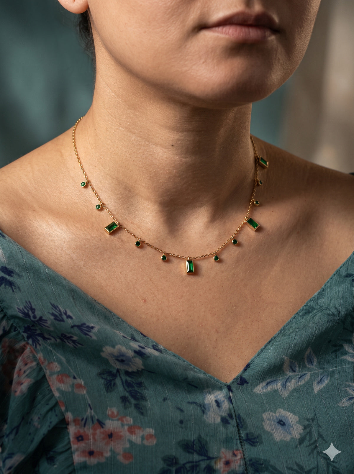Green Stone Dangle Station Necklace