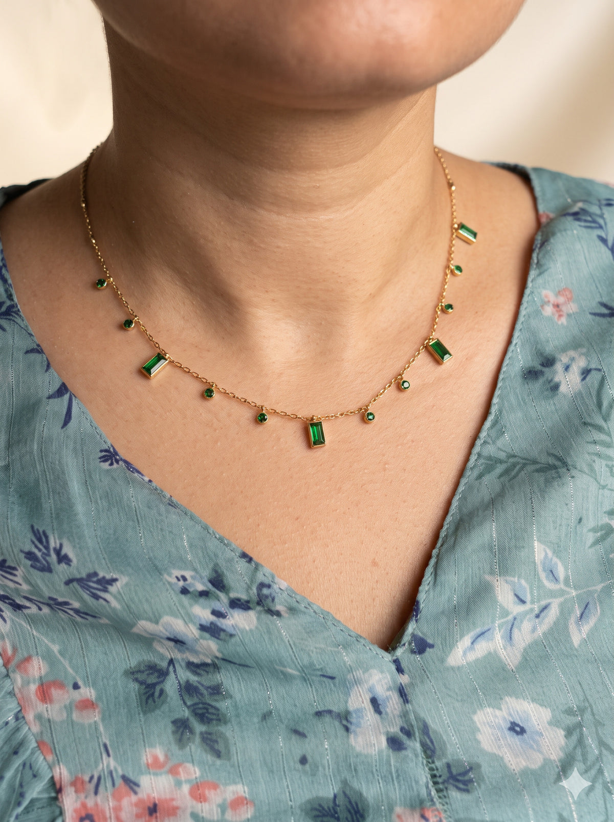 Green Stone Dangle Station Necklace