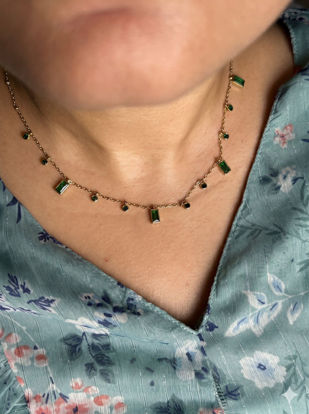 Green Stone Dangle Station Necklace
