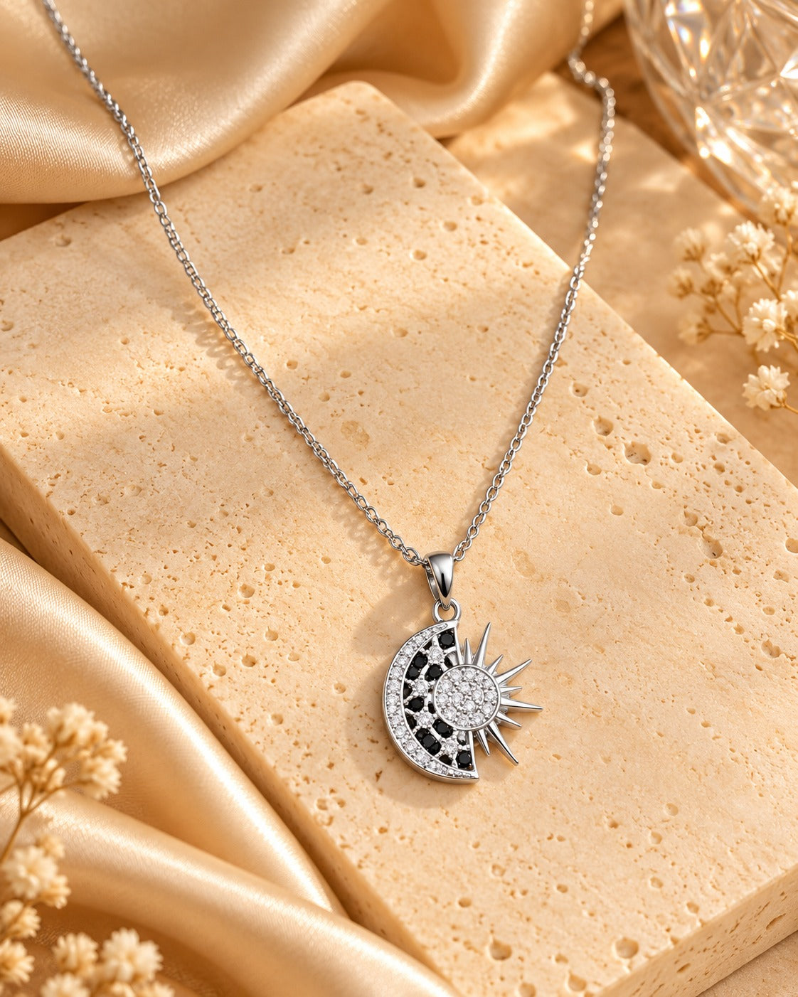Crescent Moon and Sun Pendant Necklace