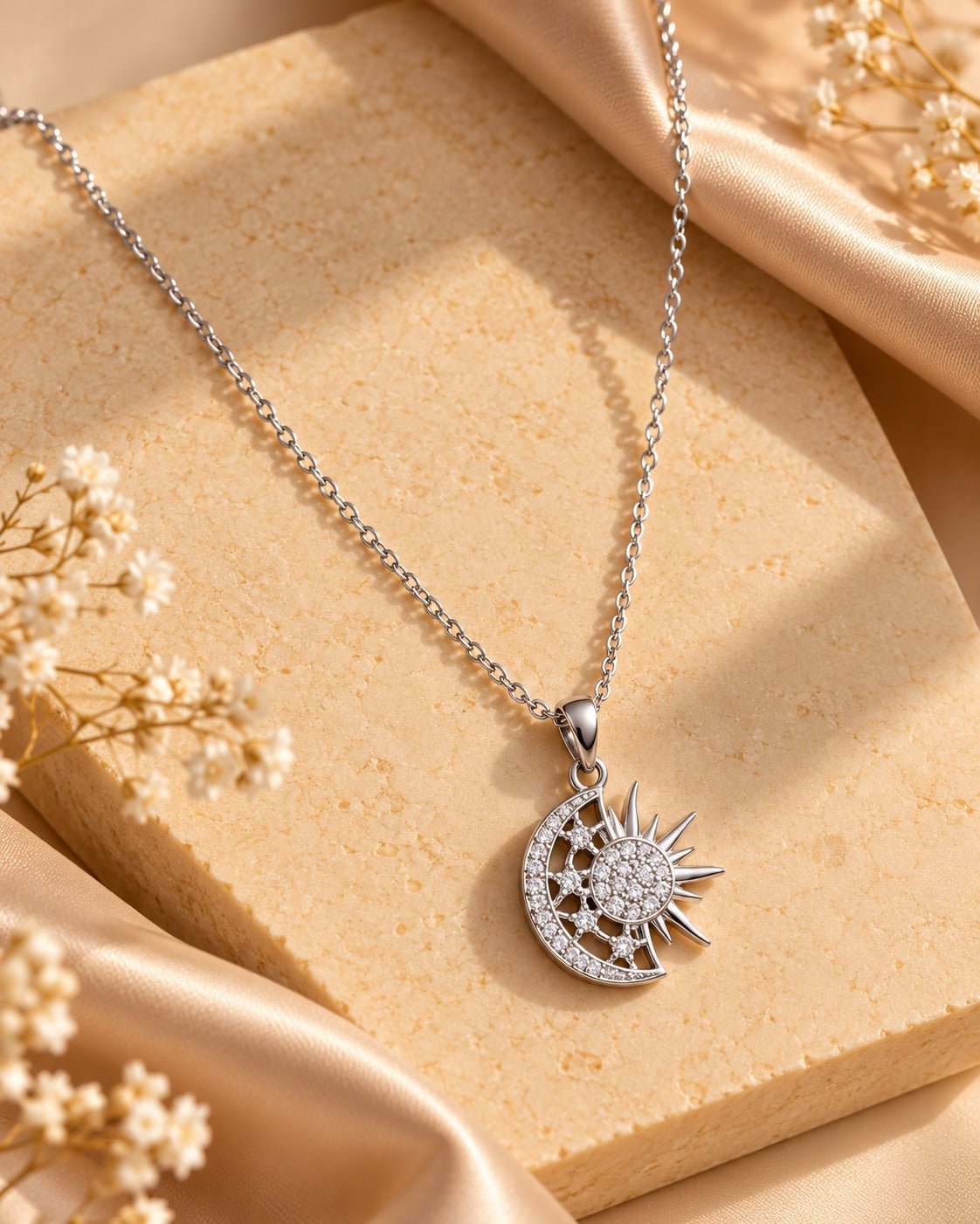 Crescent Moon and Sun Pendant Necklace