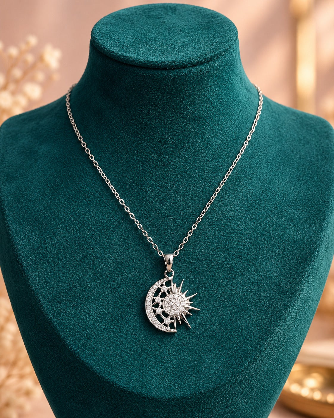 Crescent Moon and Sun Pendant Necklace