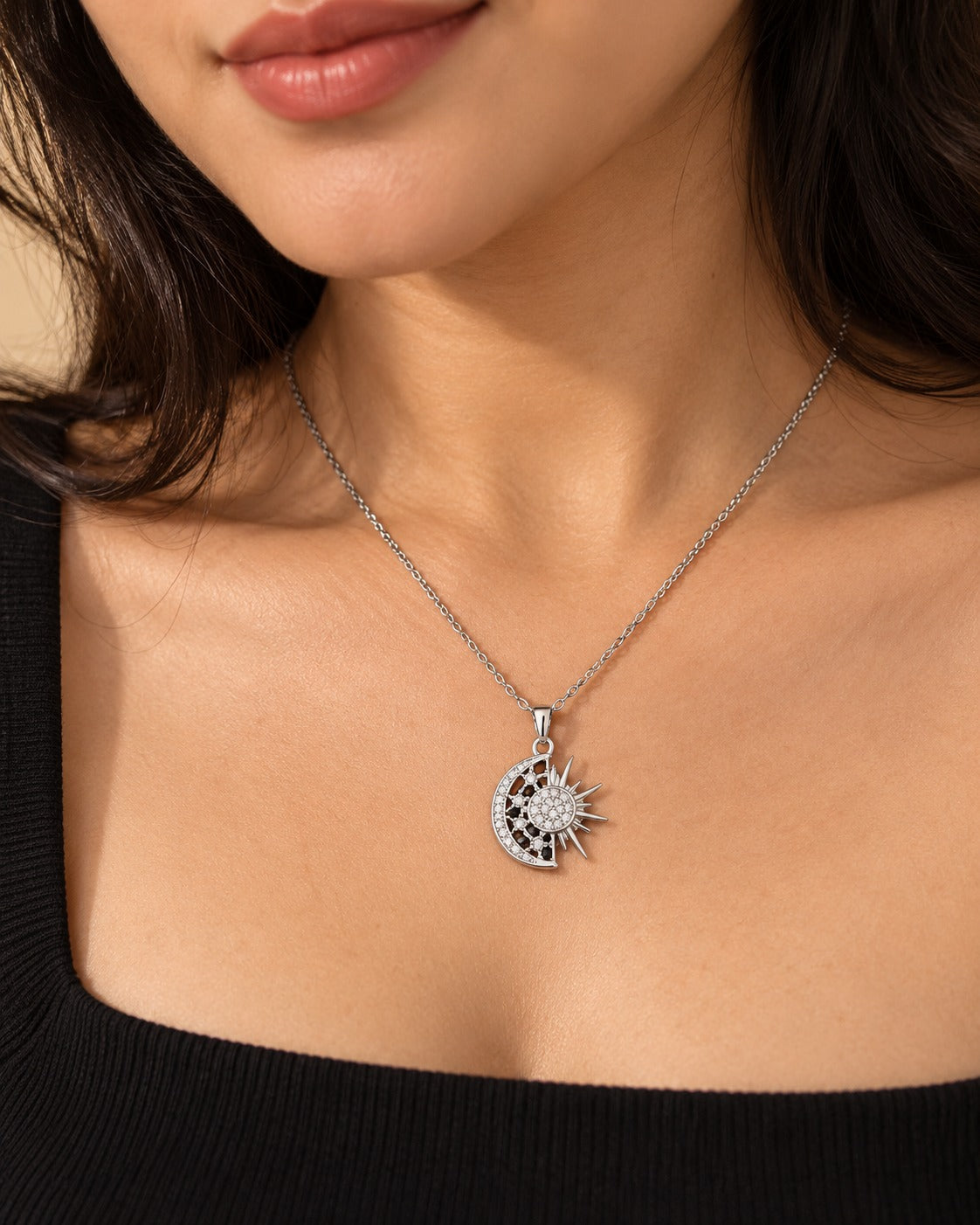 Crescent Moon and Sun Pendant Necklace