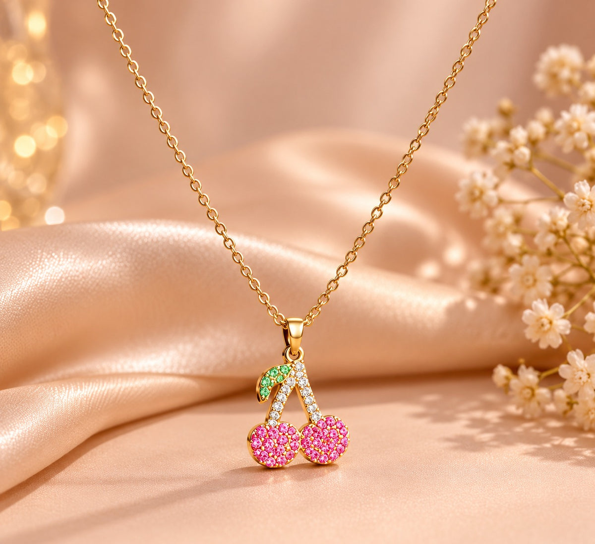 Pink Cherry Pendant Necklace