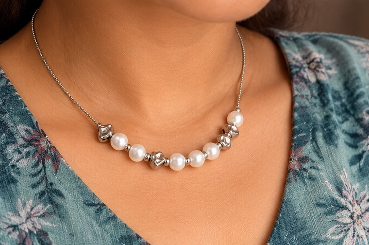 Pearl-Look and Silver Bead Necklace