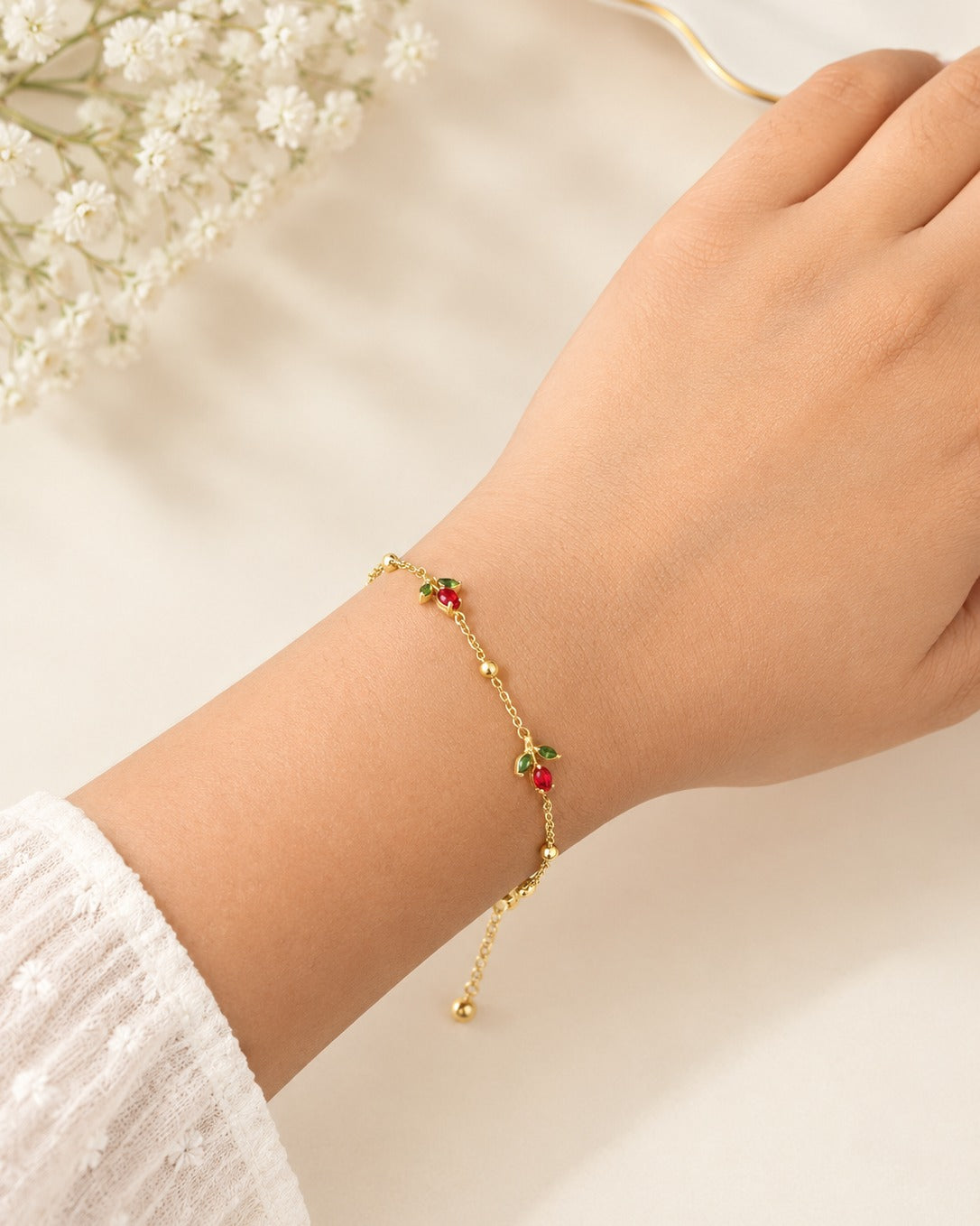 Red Cherry Charm Chain Bracelet